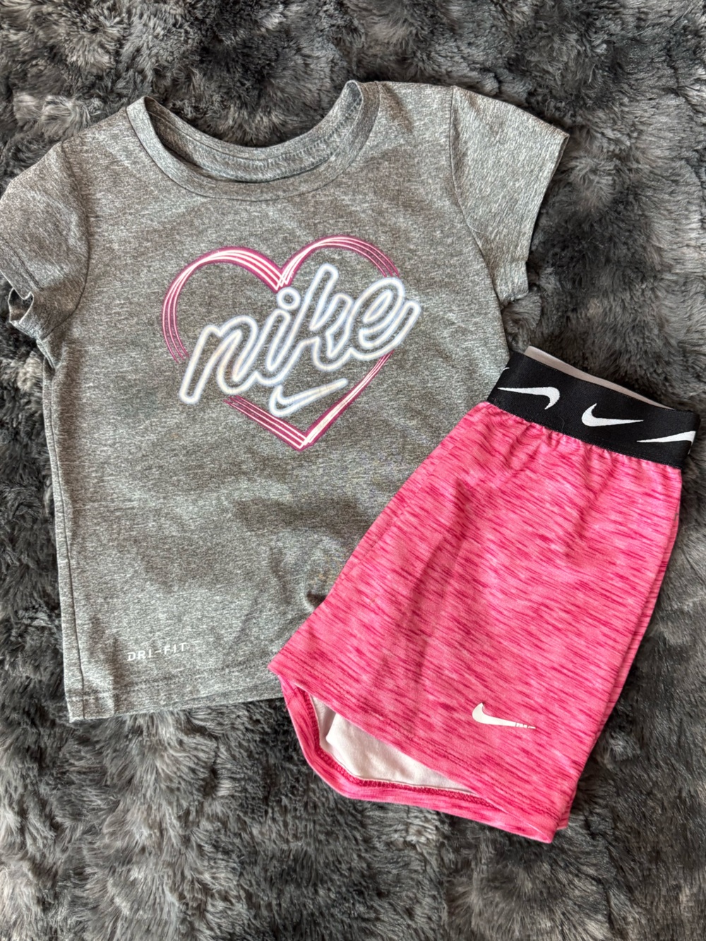 Nike Gray Tee with Pink Heart Logo & Hot Pink Athletic Shorts - Picture 1 of 2